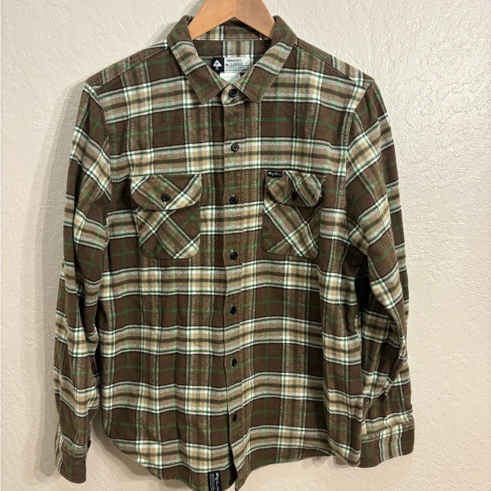 LRG Deep Vision Plaid Button Down Shirt - Olive / Brown / Green - Size L